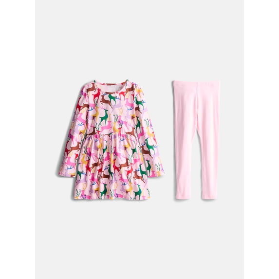 Wonder Nation Girls Play Dress with Long Sleeves and Leggings Set, 2 Piece, Sizes 4-18