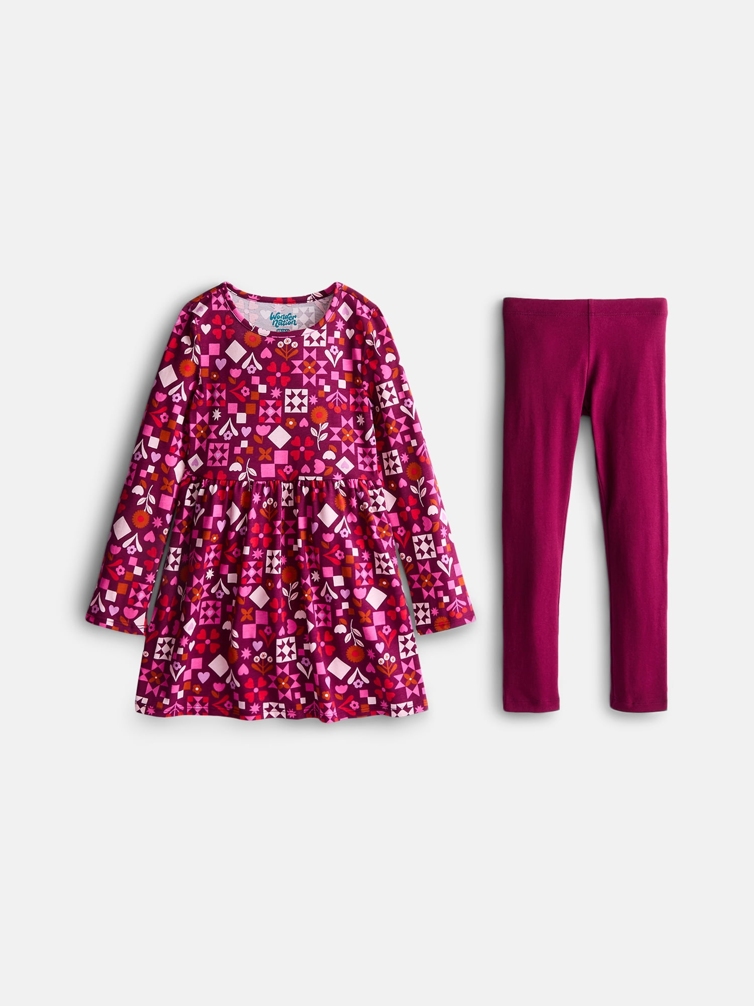 Wonder Nation Girls Play Dress with Long Sleeves and Leggings Set, 2 Piece, Sizes 4-18