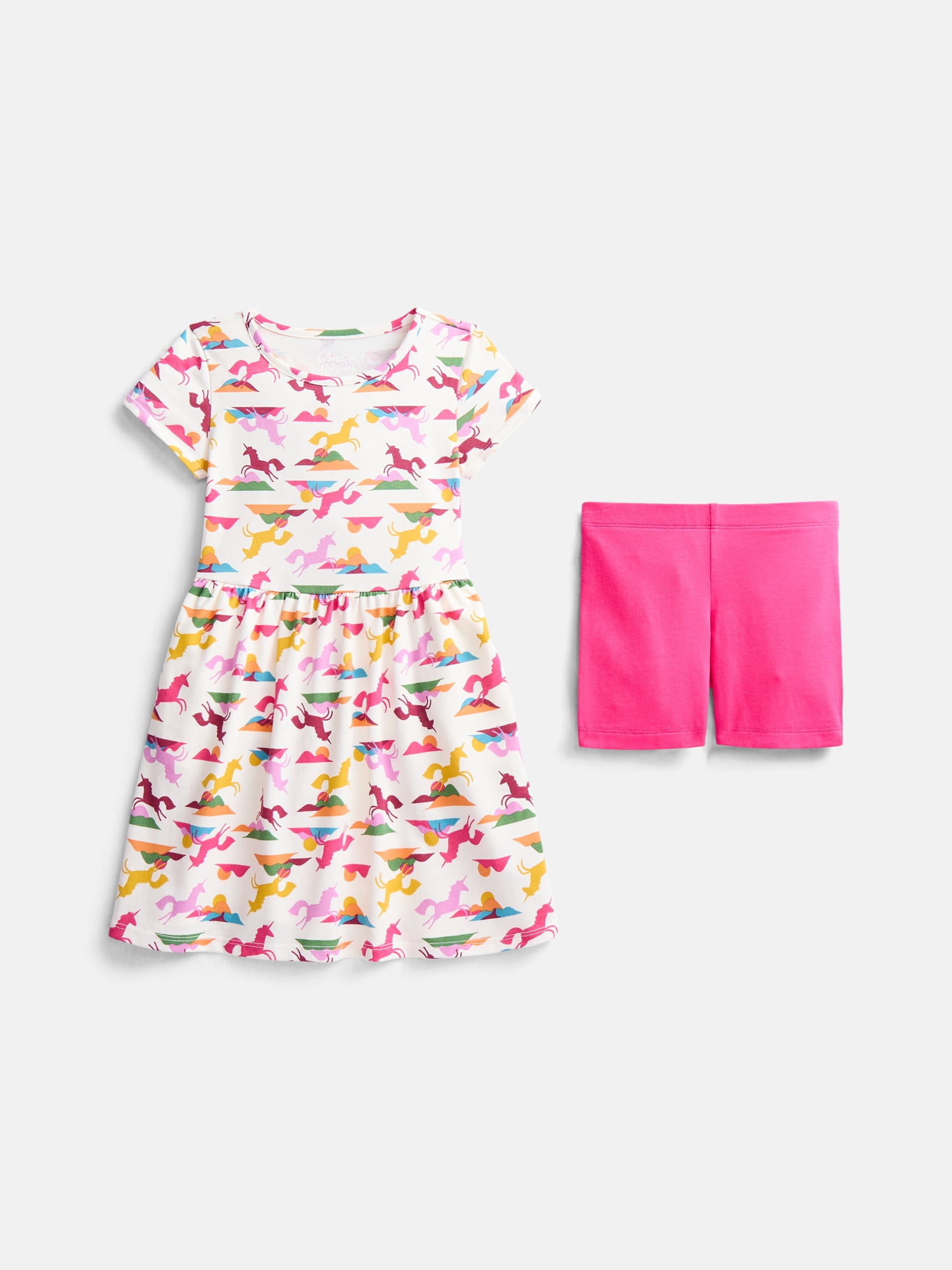 Wonder Nation Little Girls and Big Girls Play Dress with Short Sleeves and Shorts Set, 2 Piece, Sizes XS-XXL