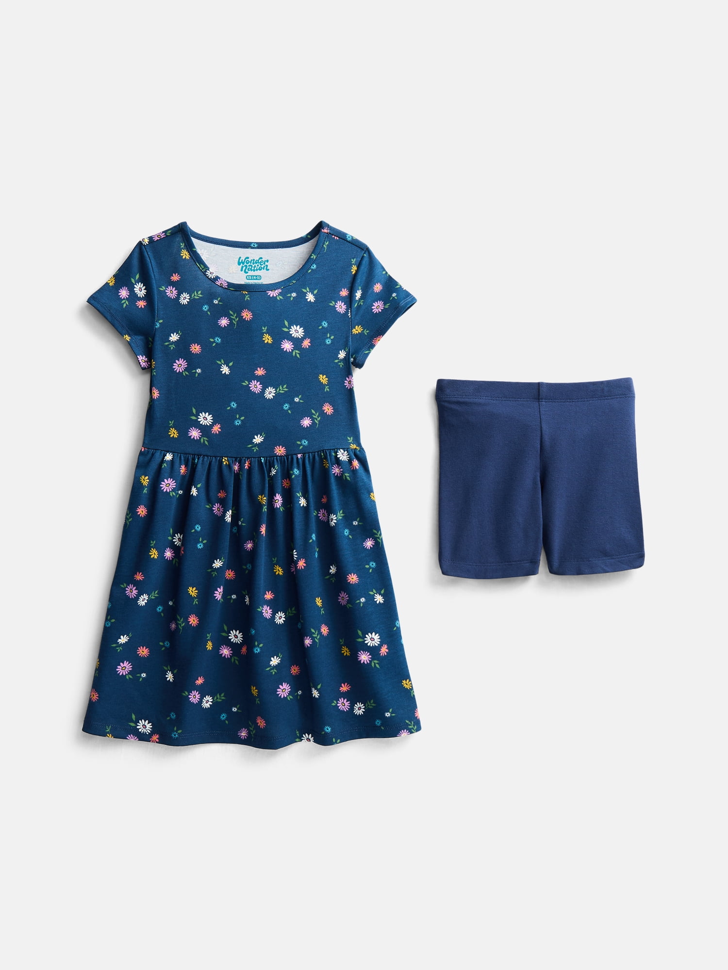 Wonder Nation Little Girls and Big Girls Play Dress with Short Sleeves and Shorts Set, 2 Piece, Sizes XS-XXL