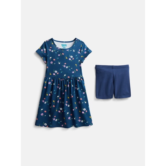 Wonder Nation Little Girls and Big Girls Play Dress with Short Sleeves and Shorts Set, 2 Piece, Sizes XS-XXL