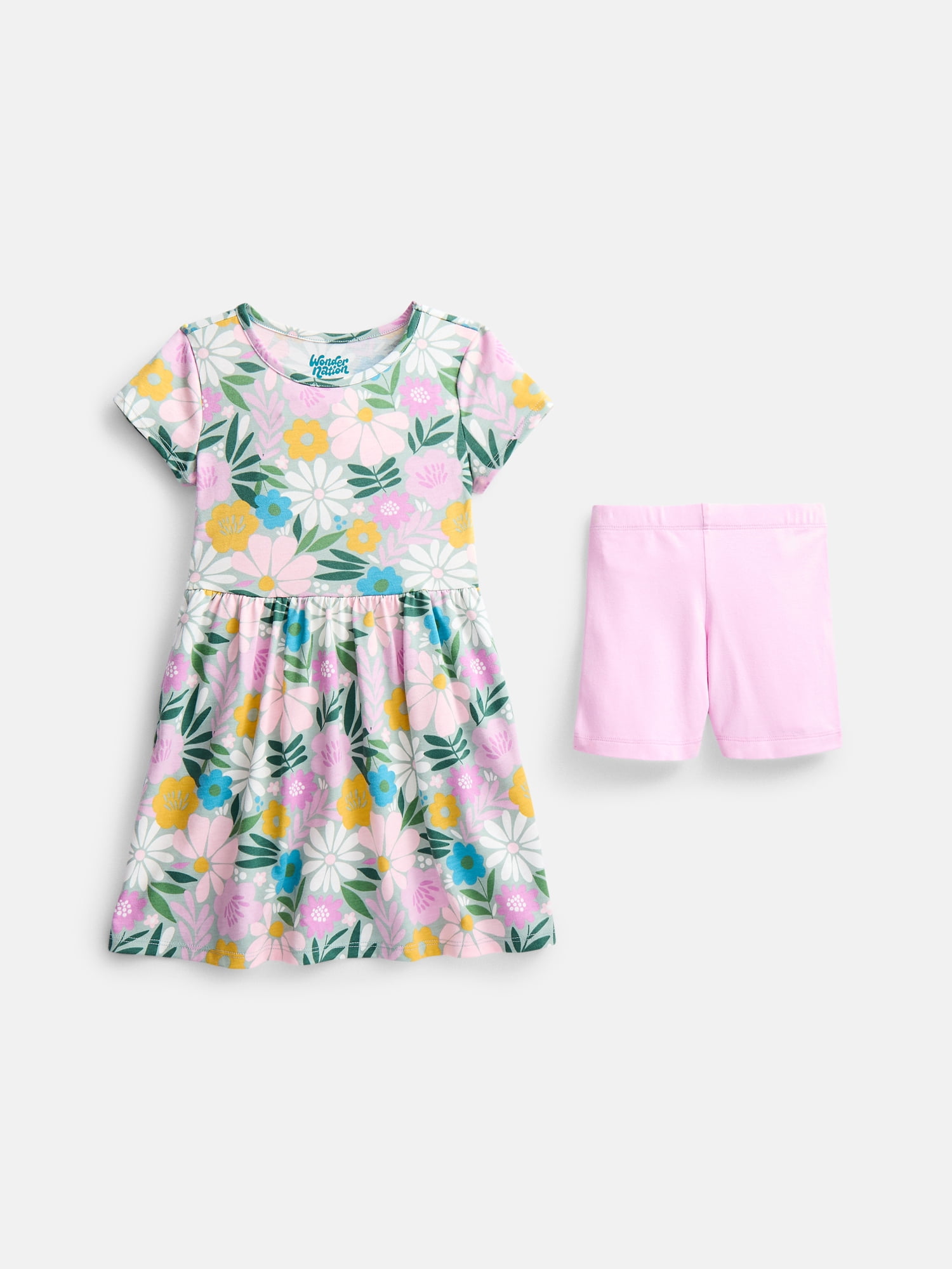 Wonder Nation Little Girls and Big Girls Play Dress with Short Sleeves and Shorts Set, 2 Piece, Sizes XS-XXL