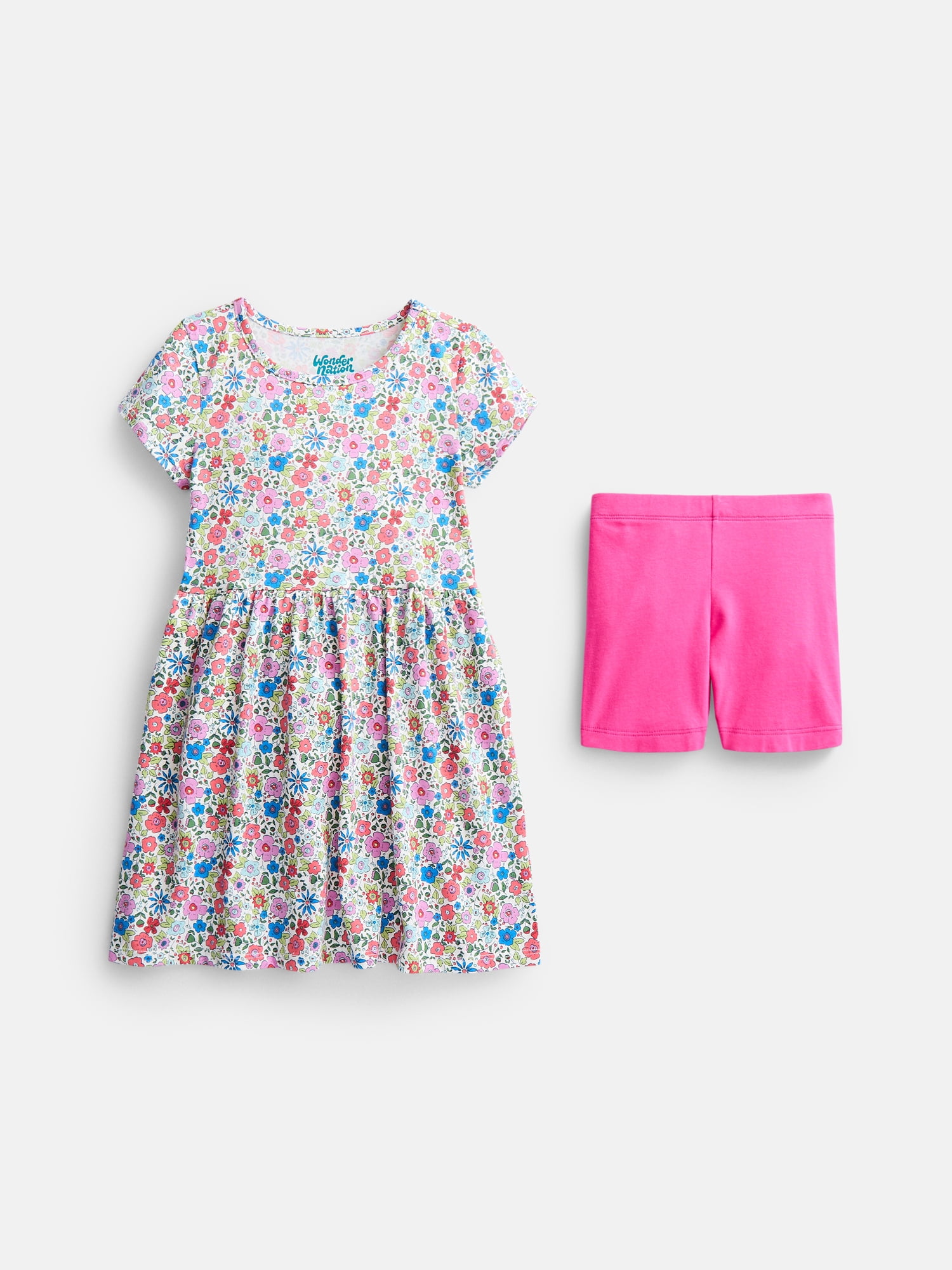 Wonder Nation Little Girls and Big Girls Play Dress with Short Sleeves and Shorts Set, 2 Piece, Sizes XS-XXL