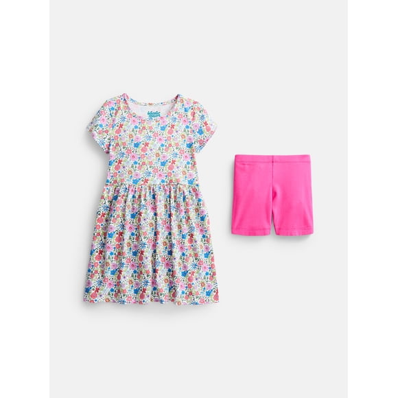 Wonder Nation Little Girls and Big Girls Play Dress with Short Sleeves and Shorts Set, 2 Piece, Sizes XS-XXL
