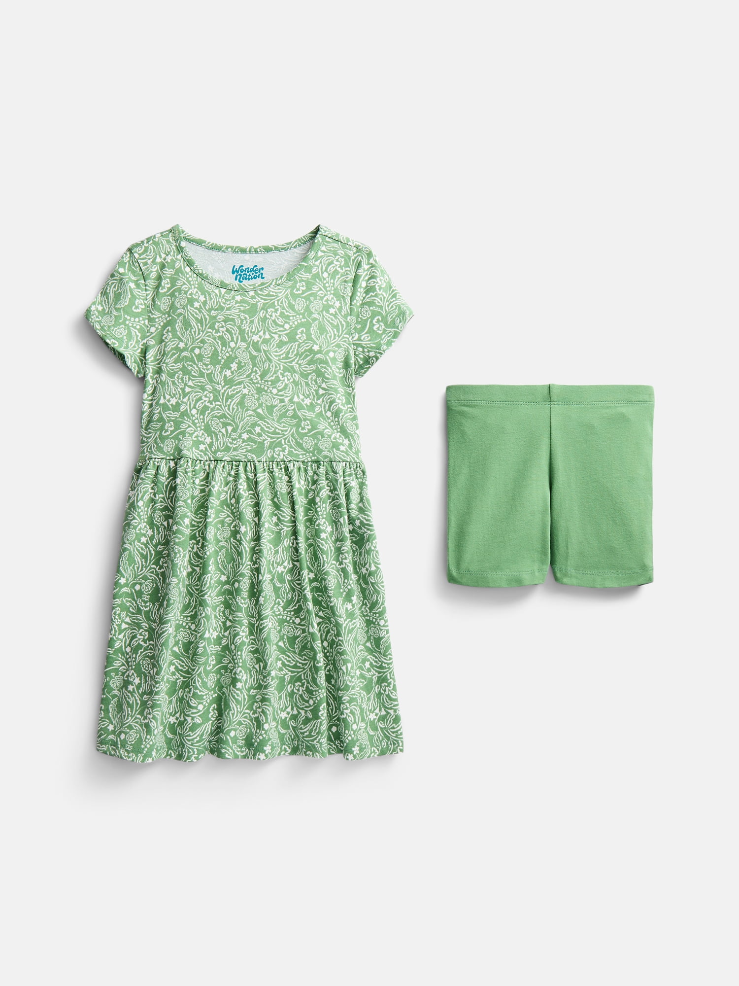 Wonder Nation Little Girls and Big Girls Play Dress with Short Sleeves and Shorts Set, 2 Piece, Sizes XS-XXL