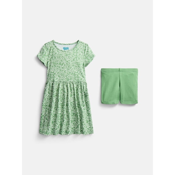 Wonder Nation Little Girls and Big Girls Play Dress with Short Sleeves and Shorts Set, 2 Piece, Sizes XS-XXL
