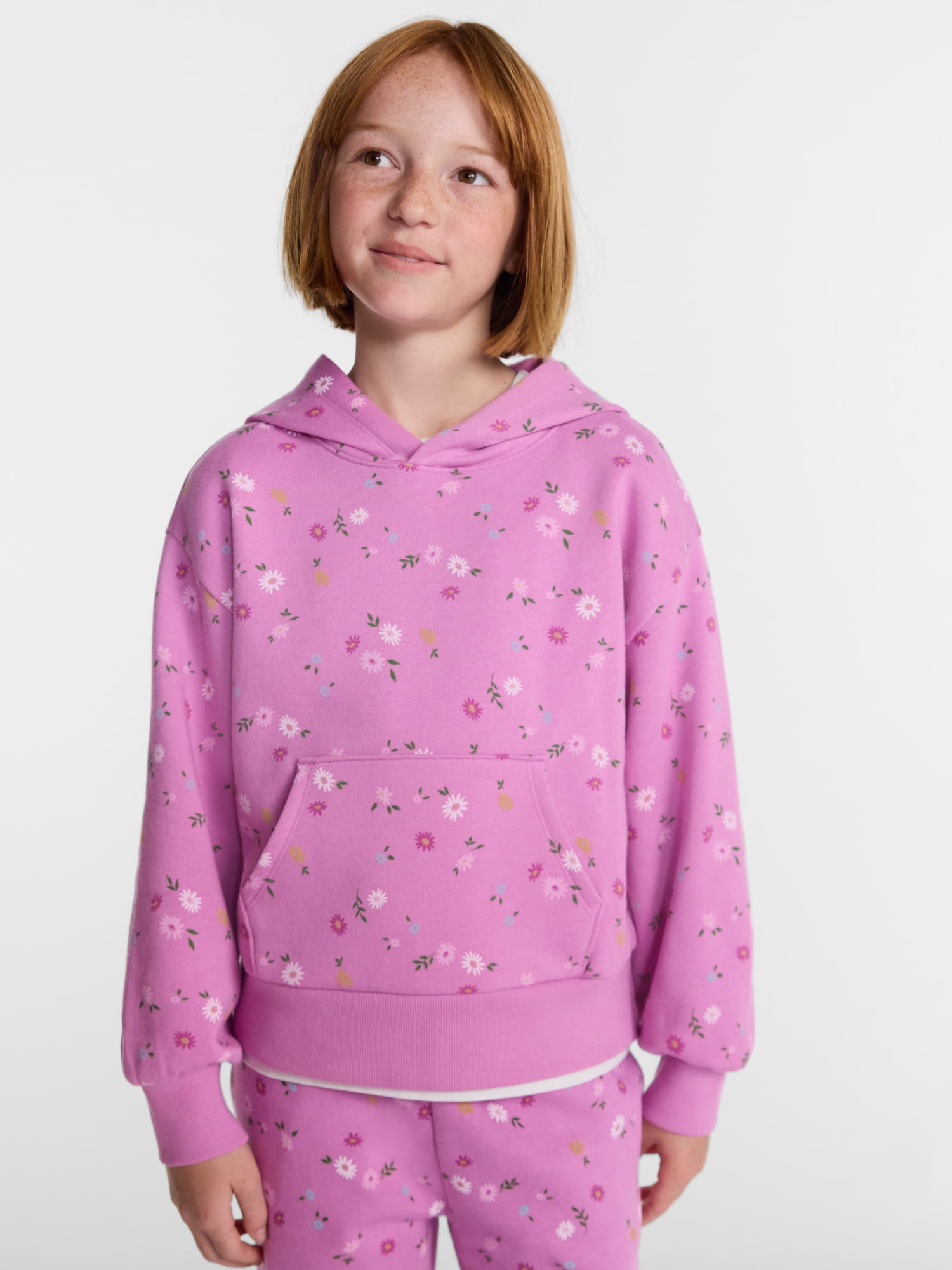 Wonder Nation Girls' Pullover Fleece Hoodie with Long Sleeves, Sizes 4-18 & Plus