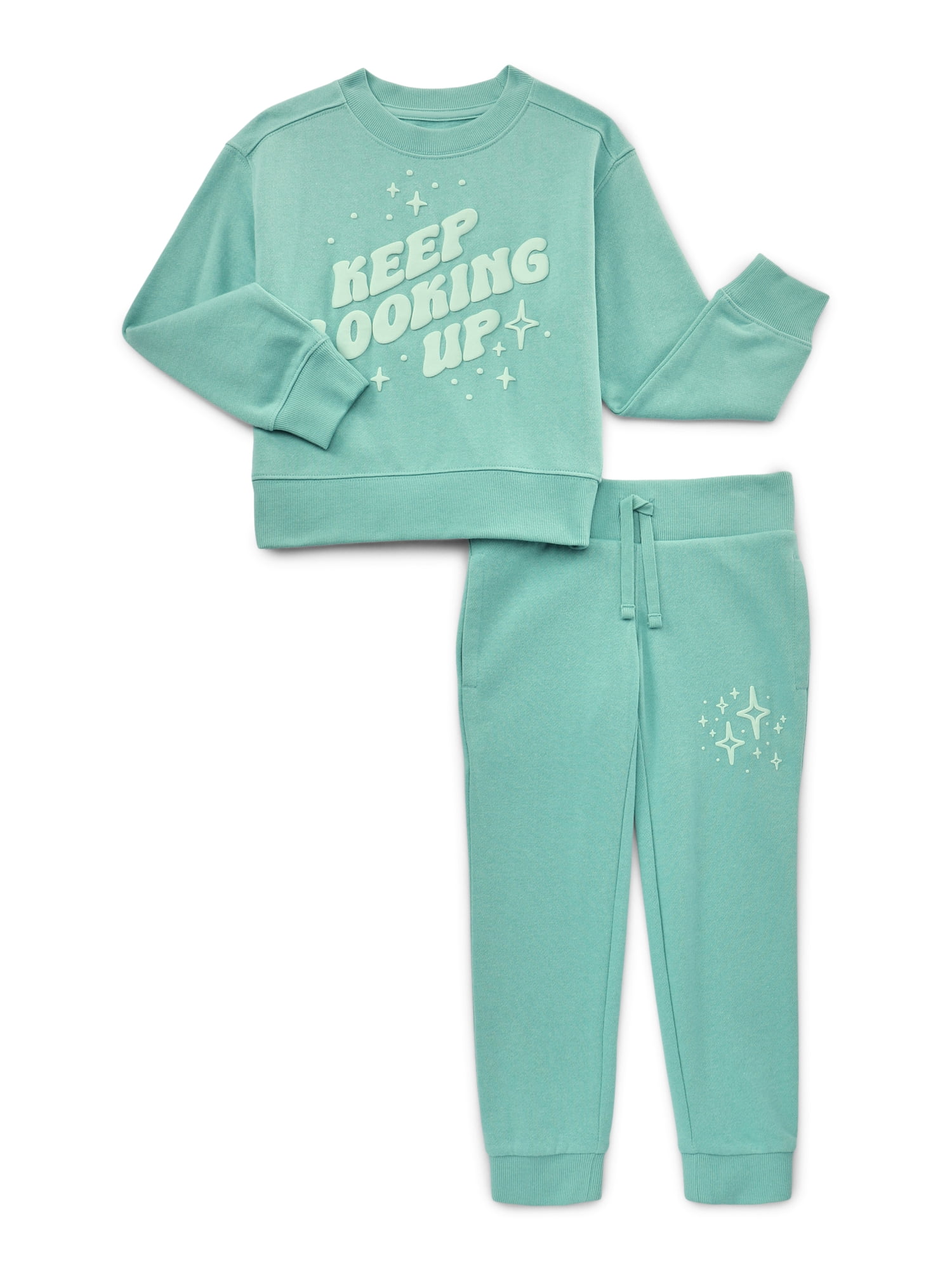 Wonder Nation Girls Graphic Sweatshirt and Joggers Fleece Set, 2-Piece, Sizes 4-18 & Plus