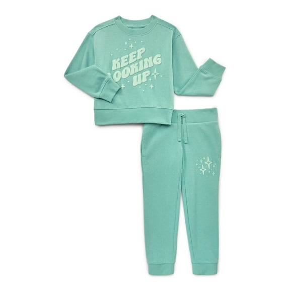 Wonder Nation Girls Graphic Sweatshirt and Joggers Fleece Set, 2-Piece, Sizes 4-18 & Plus