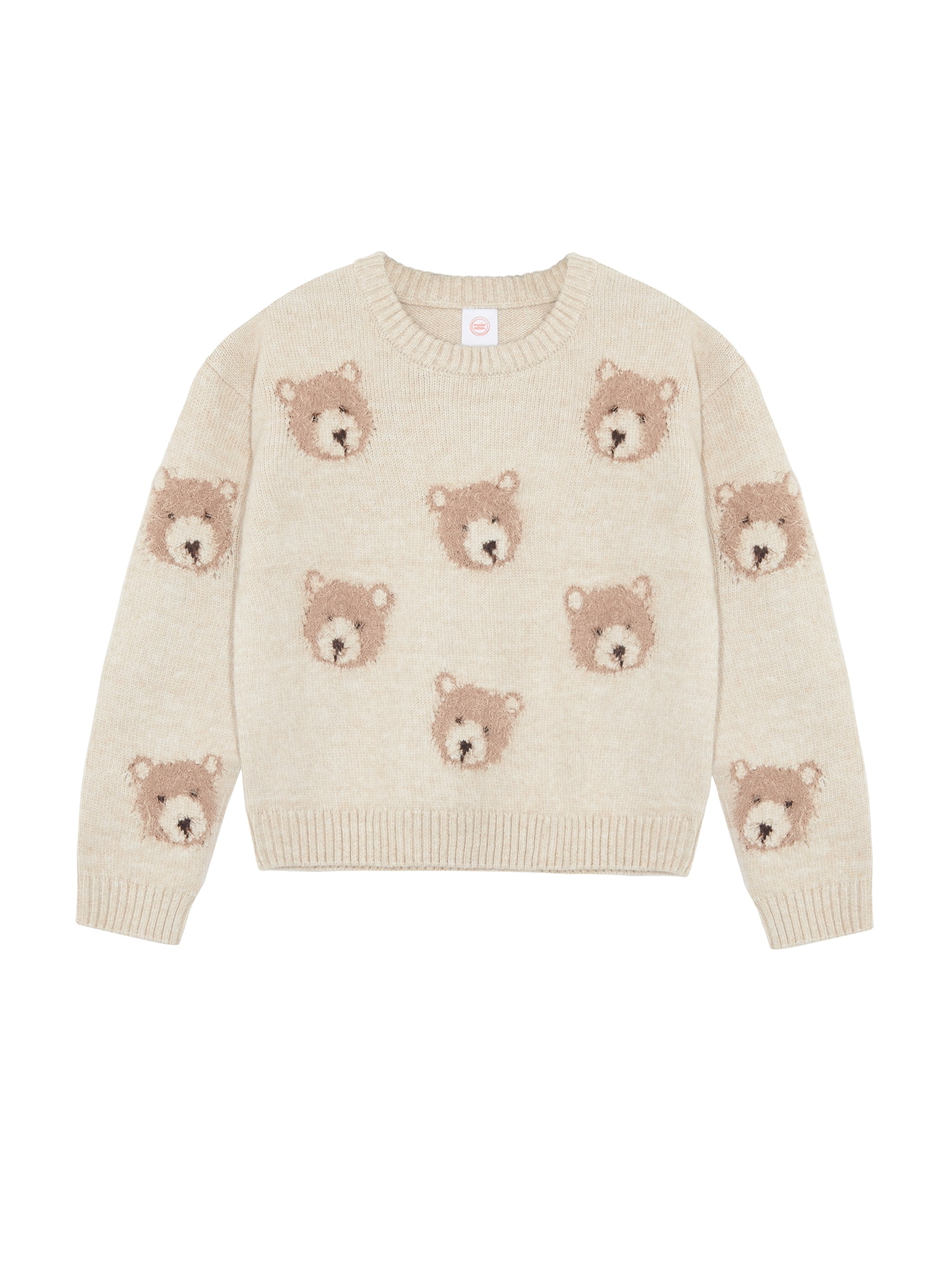 Wonder Nation Girls Novelty Feather Yarn Bear Icon Sweater, Sizes 4-18 & Plus
