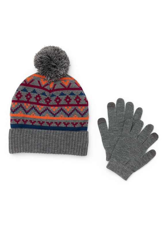 Boys Fair Isle Pom Beanie Hat and Tech Gloves Set, 2-Piece,male,age group 4-16 year
