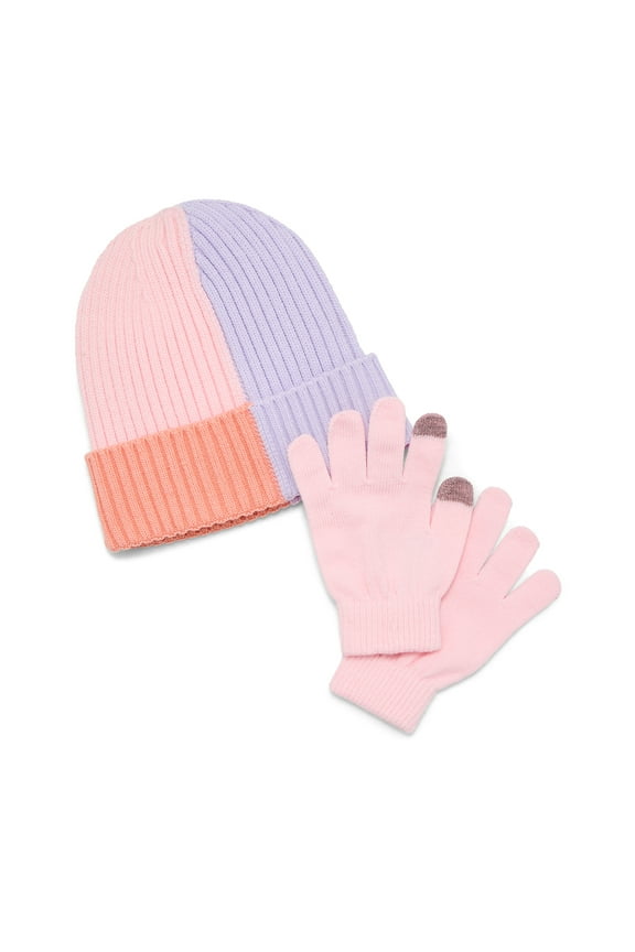 Girls Color Block Ribbed Cuffed Beanie and Gloves Set, 2-Piece, One Size
