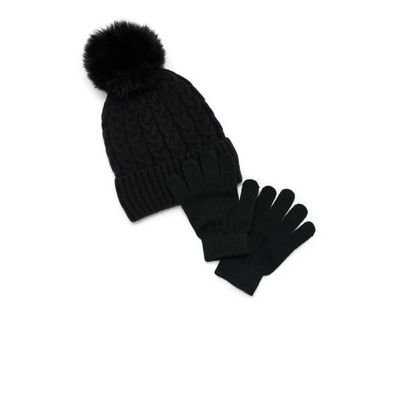Wonder Nation Girls Cable Knit Faux Fur Beanie and Gloves Set, 2-Piece, One Size