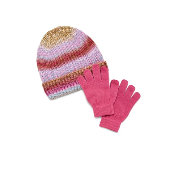 Wonder Nation Girls Space Dye Ribbed Cuffed Beanie and Gloves Set, 2-Piece, One Size