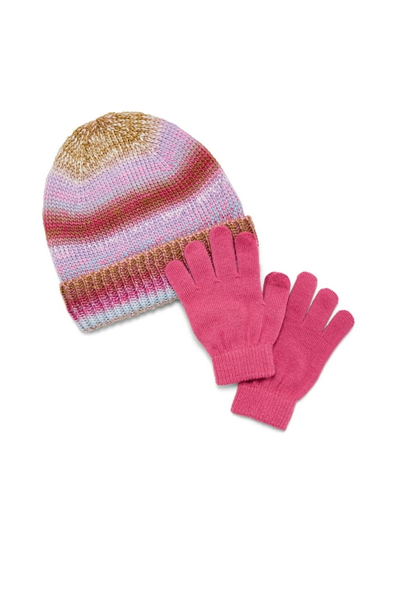 Girls Space Dye Ribbed Cuffed Beanie and Gloves Set, 2-Piece, One Size