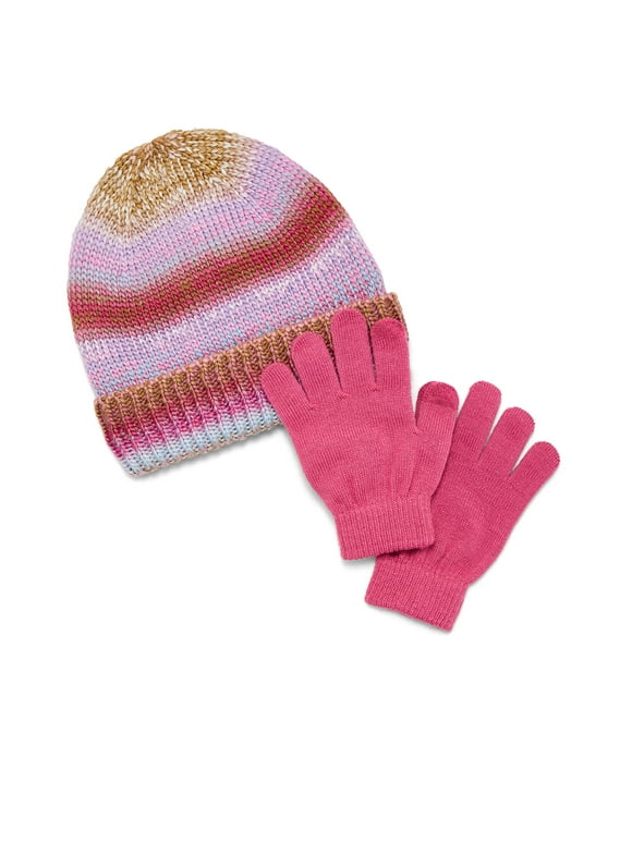 Girls Space Dye Ribbed Cuffed Beanie and Gloves Set, 2-Piece, One Size