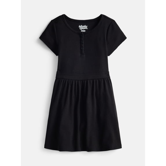 Wonder Nation Girls' Ribbed Henley Dress with Short Sleeves, Sizes 4-18 & Plus