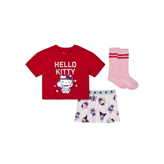 Wonder Nation x Hello Kitty Girls Short Sleeve Top and Shorts Pajama Set with Socks, 3-Piece, Sizes 4-18