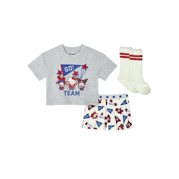 Wonder Nation x Hello Kitty Girls Short Sleeve Top and Shorts Pajama Set with Socks, 3-Piece, Sizes 4-18