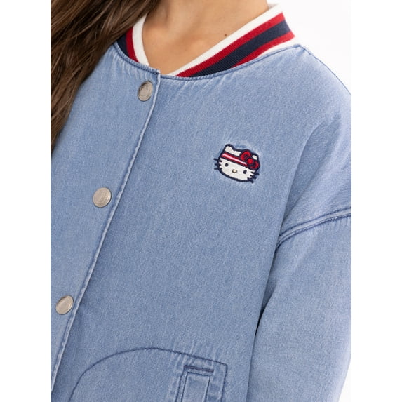 Wonder Nation Hello Kitty Girls Cotton Denim Bomber Jacket, Midweight, Sizes 4-18