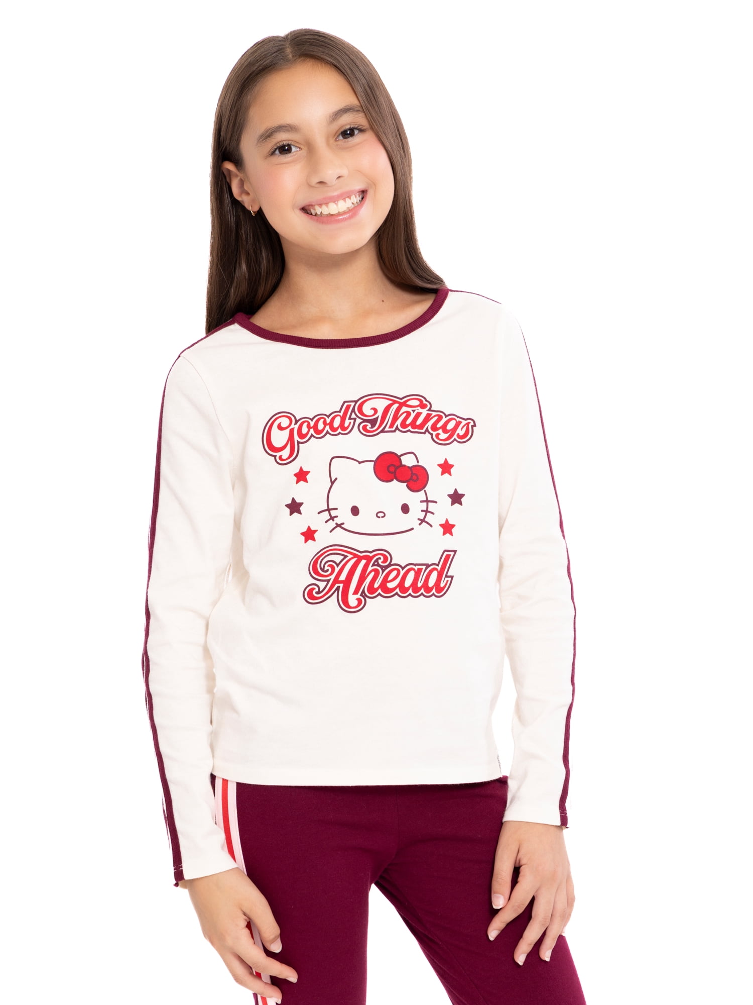 Wonder Nation Hello Kitty Girls Cotton Graphic Tee with Long Sleeves, Sizes 4-18