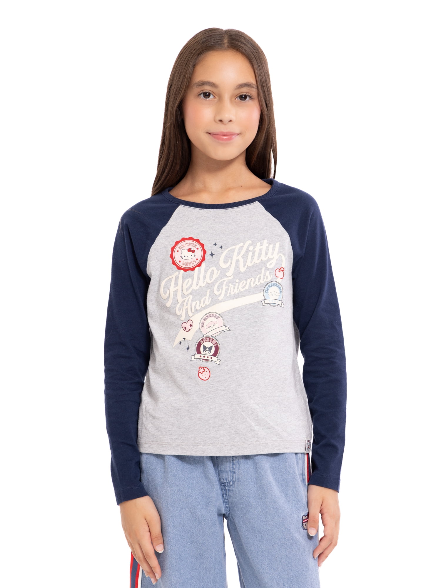 Wonder Nation Hello Kitty Girls Cotton Graphic Tee with Long Sleeves, Sizes 4-18