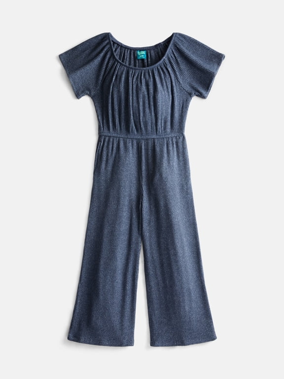 Girls Ribbed Knit Wide Leg Jumpsuit with Short Sleeves, Sizes 4-18