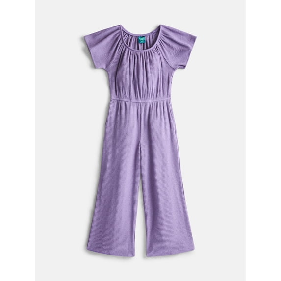 Wonder Nation Girls Ribbed Knit Wide Leg Jumpsuit with Short Sleeves, Sizes 4-18