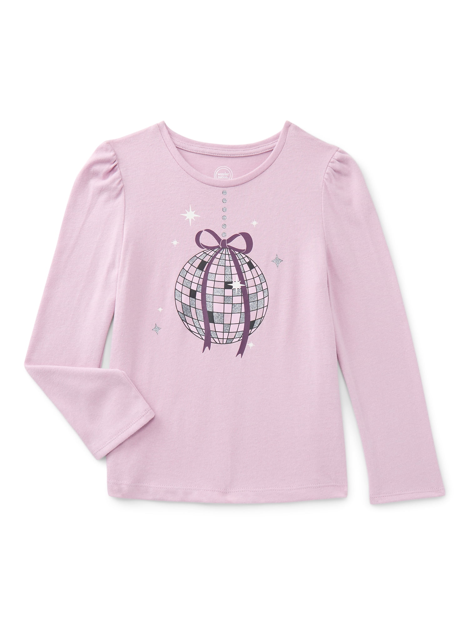 Wonder Nation Girls Gathered Shoulder Tee with Long Sleeves, Sizes 4-10