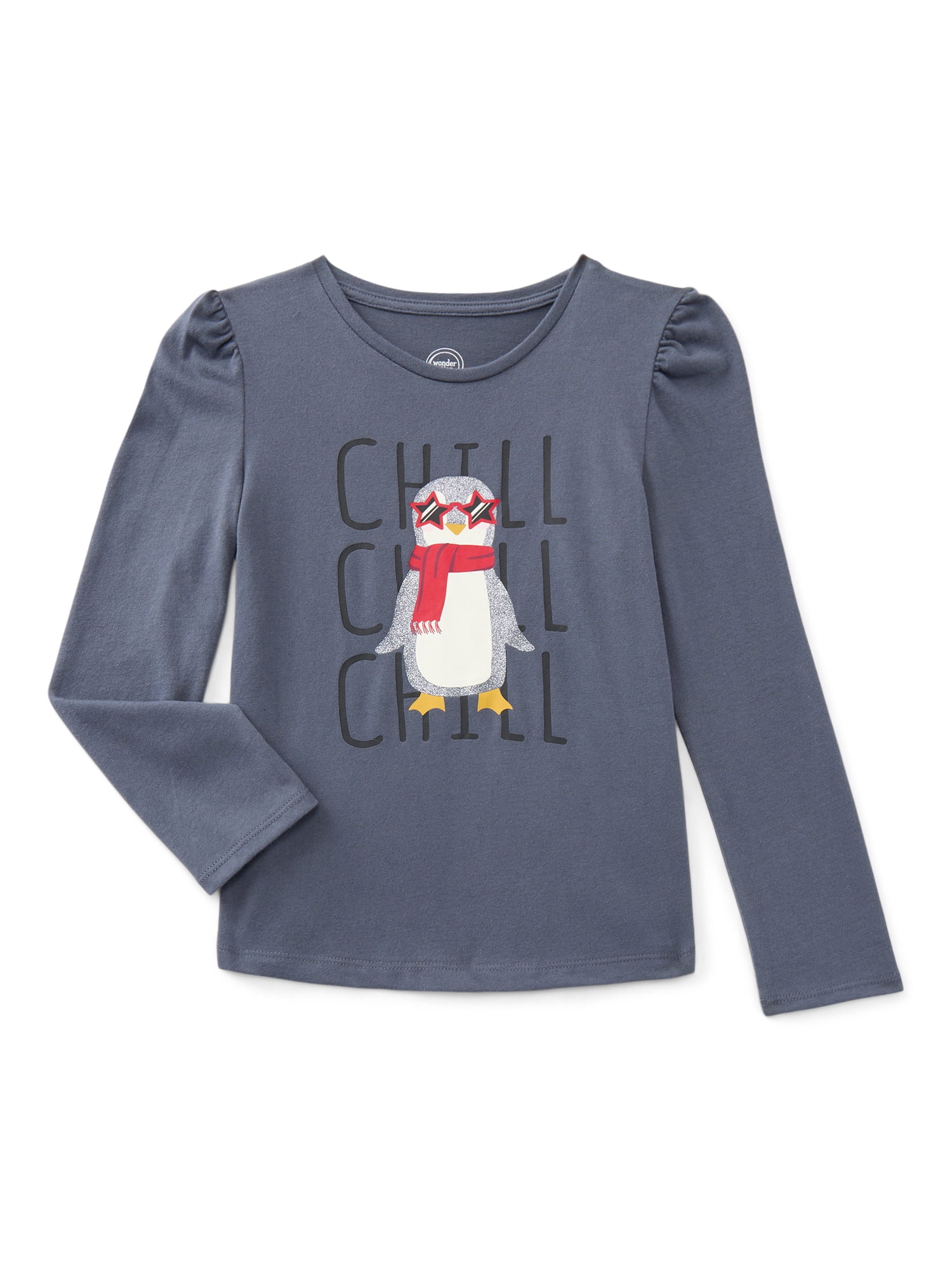 Wonder Nation Girls Gathered Shoulder Tee with Long Sleeves, Sizes 4-10