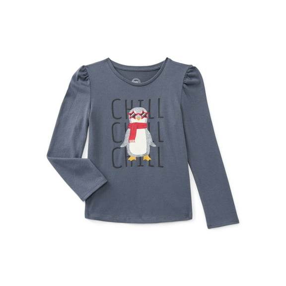 Wonder Nation Girls Gathered Shoulder Tee with Long Sleeves, Sizes 4-10