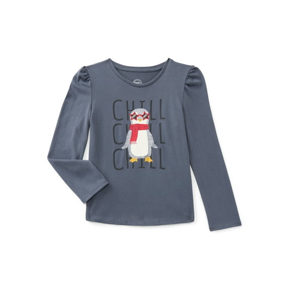 Wonder Nation Girls Gathered Shoulder Tee with Long Sleeves, Sizes 4-10