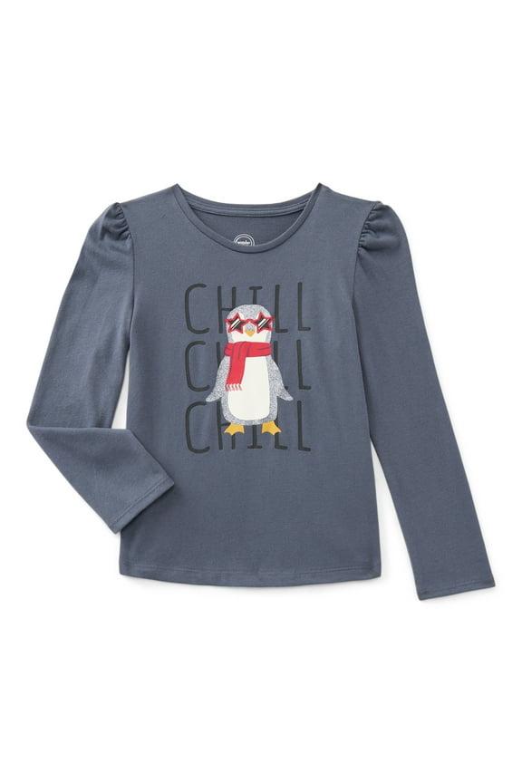 Girls Gathered Shoulder Tee with Long Sleeves, Sizes 4-10