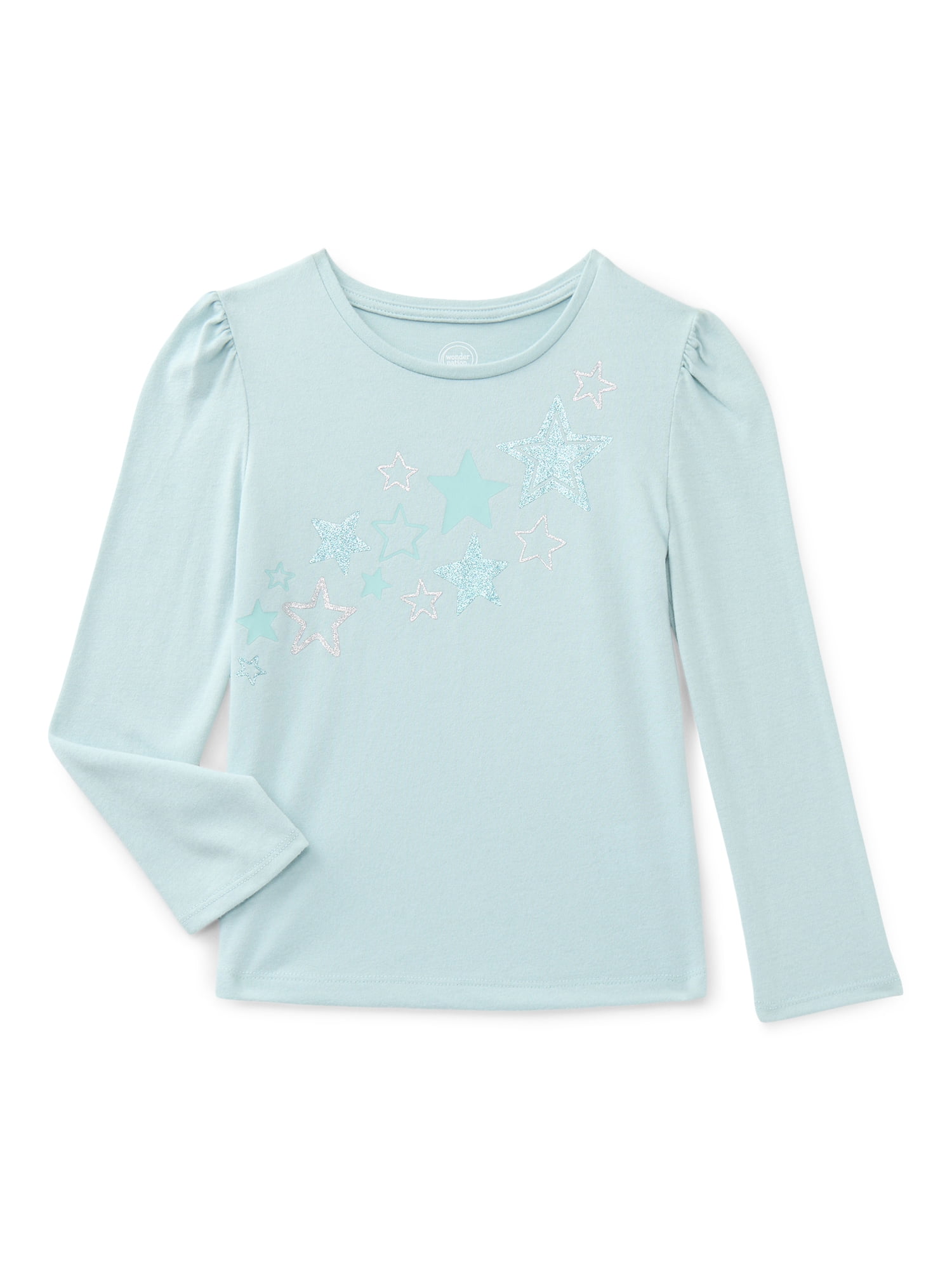 Wonder Nation Girls Gathered Shoulder Tee with Long Sleeves, Sizes 4-10