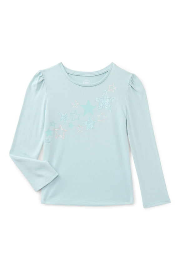 Girls Gathered Shoulder Tee with Long Sleeves, Sizes 4-10