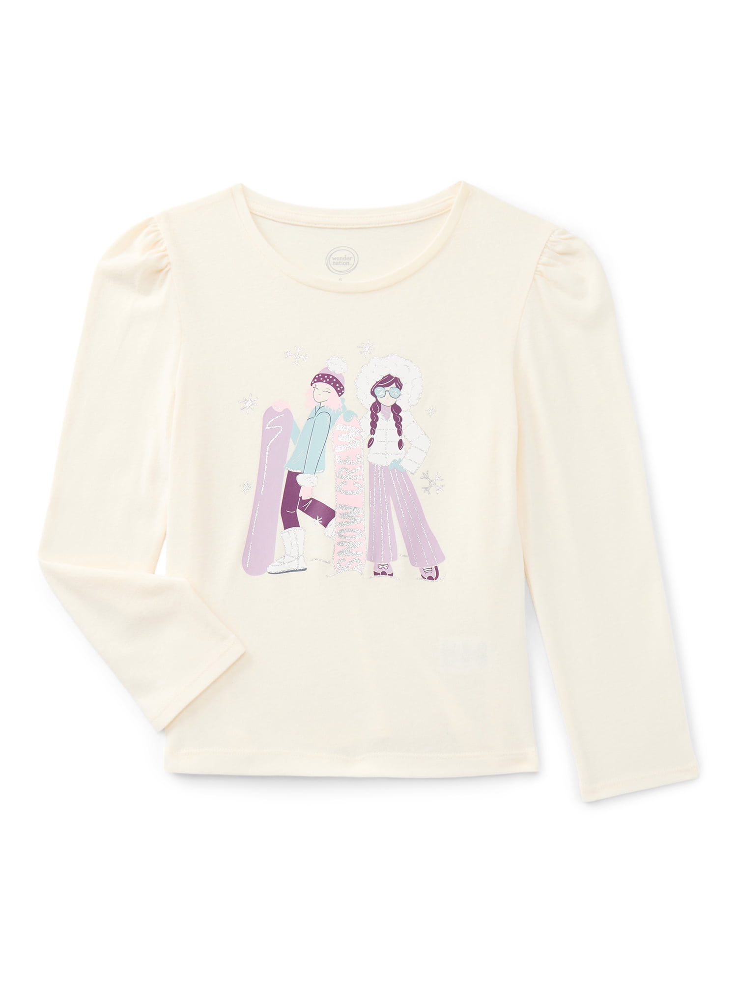 Wonder Nation Girls Gathered Shoulder Tee with Long Sleeves, Sizes 4-10