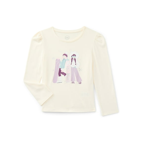 Wonder Nation Girls Gathered Shoulder Tee with Long Sleeves, Sizes 4-10