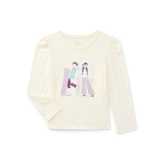 Wonder Nation Girls Gathered Shoulder Tee with Long Sleeves, Sizes 4-10