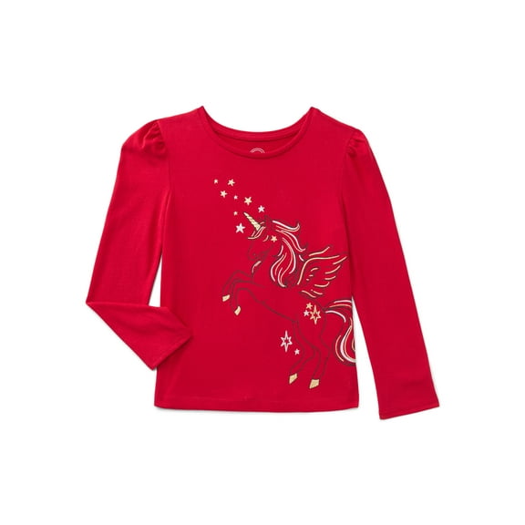 Wonder Nation Girls Gathered Shoulder Tee with Long Sleeves, Sizes 4-10