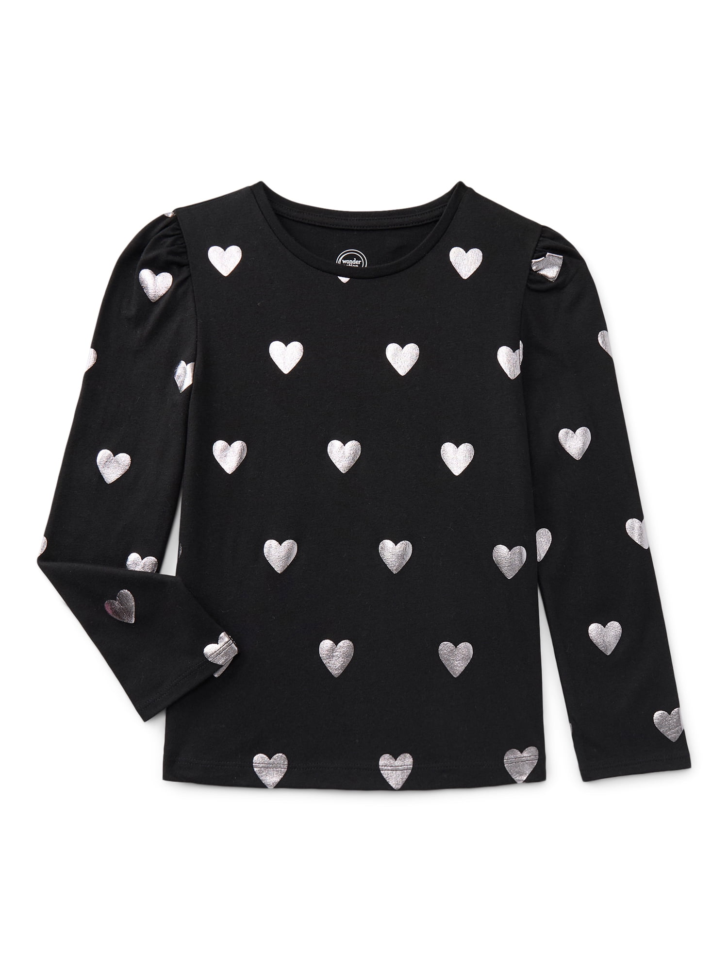 Wonder Nation Girls Gathered Shoulder Tee with Long Sleeves, Sizes 4-10