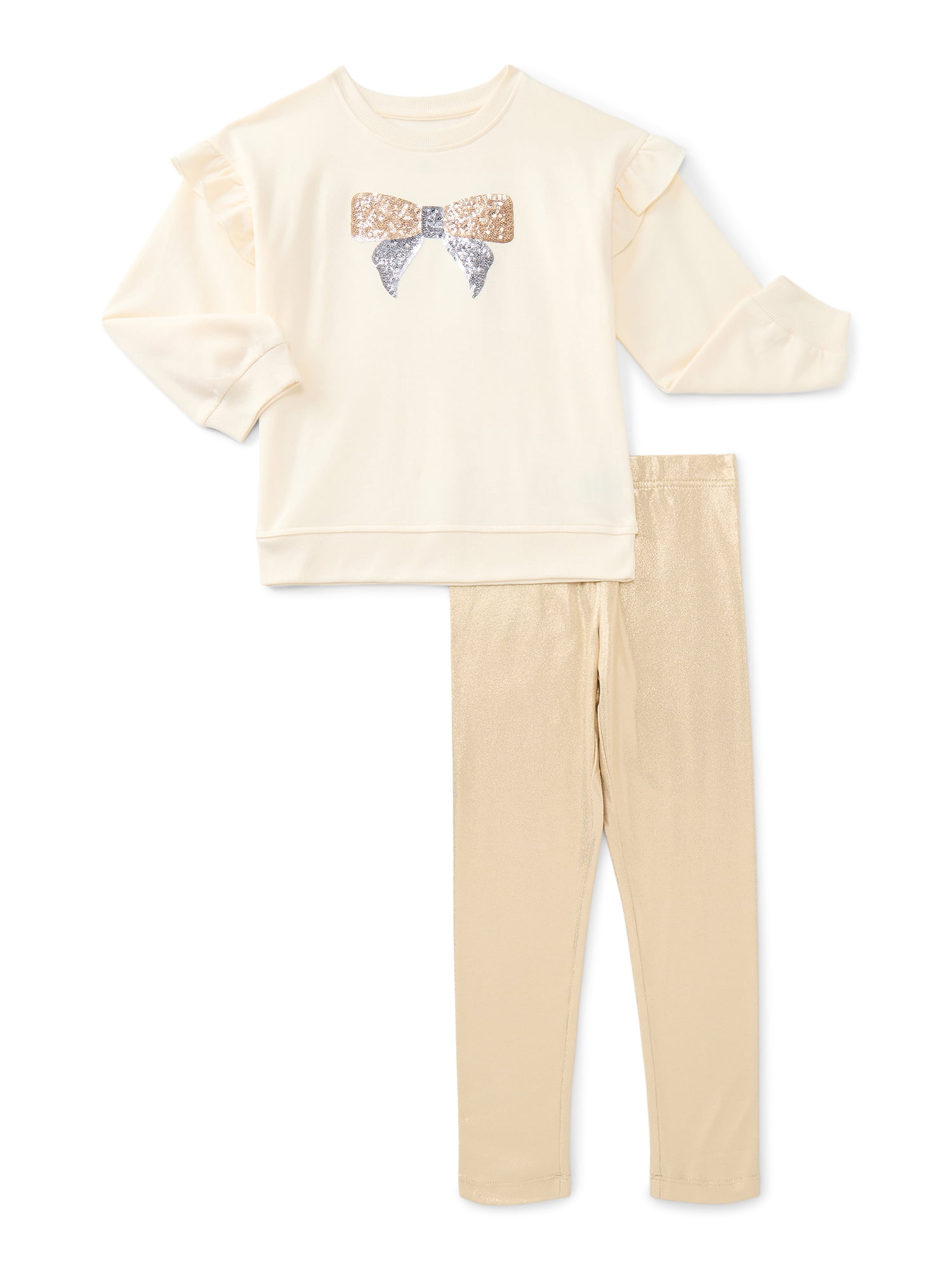 Wonder Nation Little Girls Ruffle Sweatshirt and Legging Outfit Set, Sizes 4-10