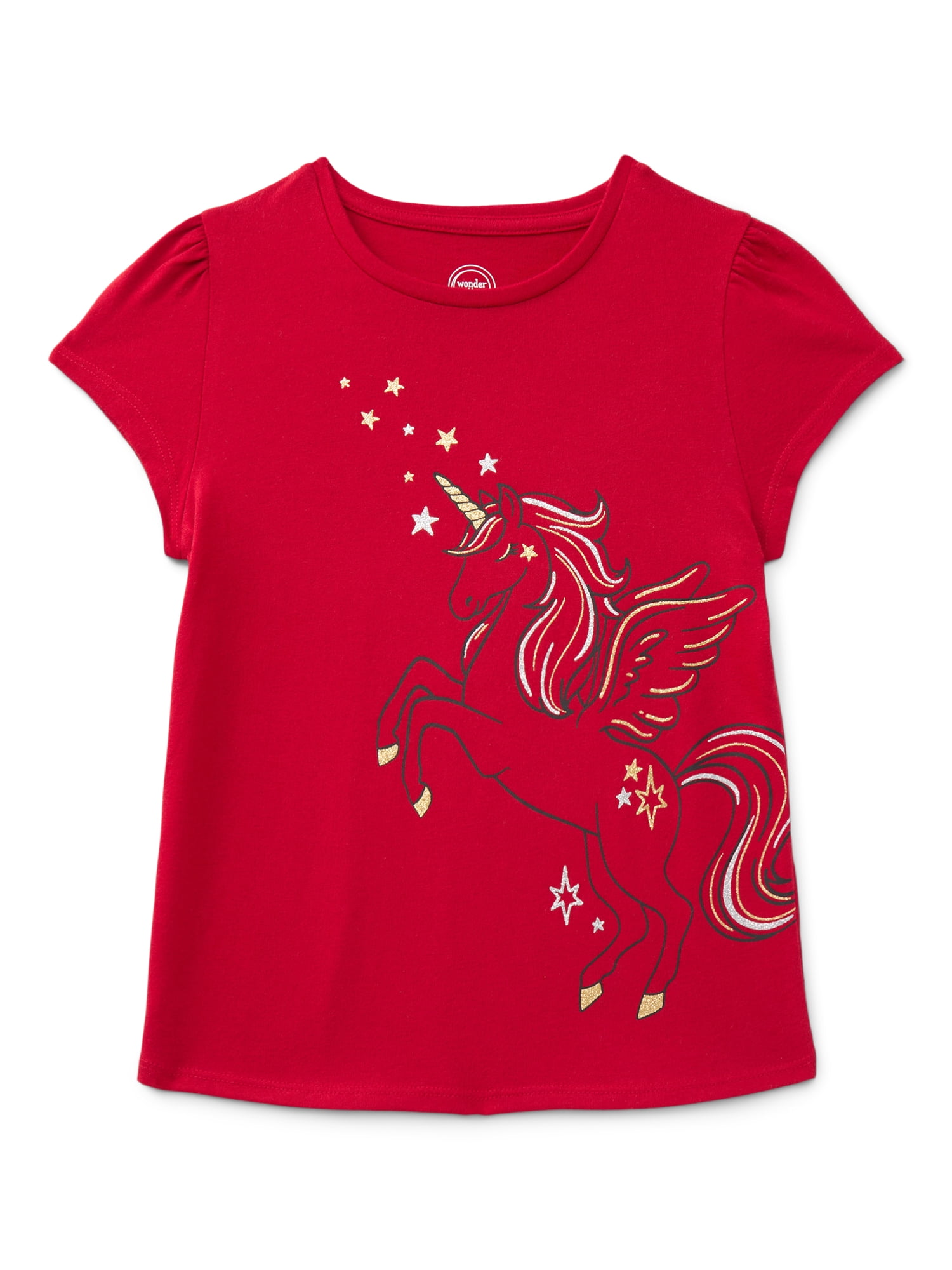 Wonder Nation Girls Gathered Shoulder Tee with Short Sleeves, Sizes 4-10