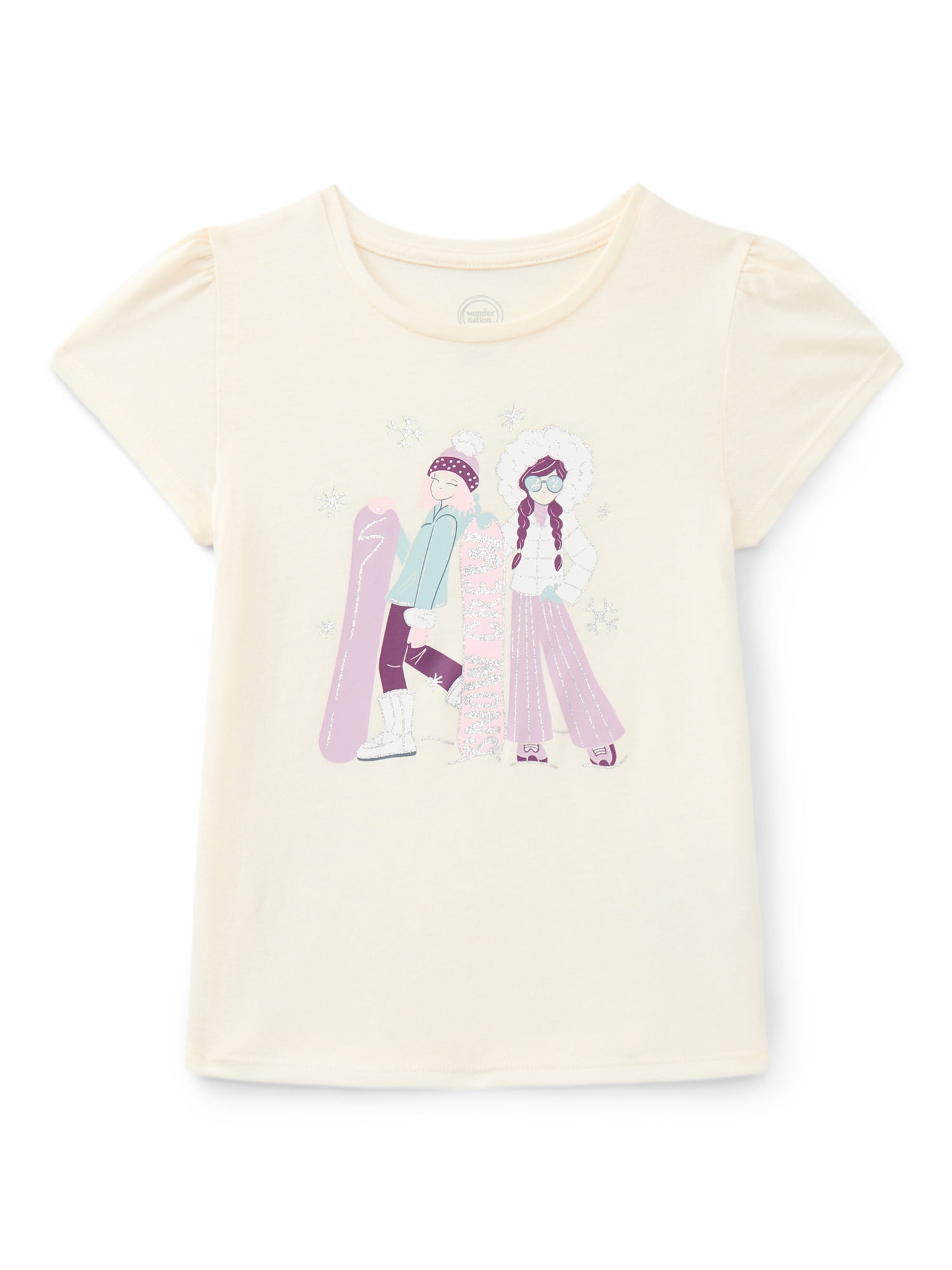 Wonder Nation Girls Gathered Shoulder Tee with Short Sleeves, Sizes 4-10