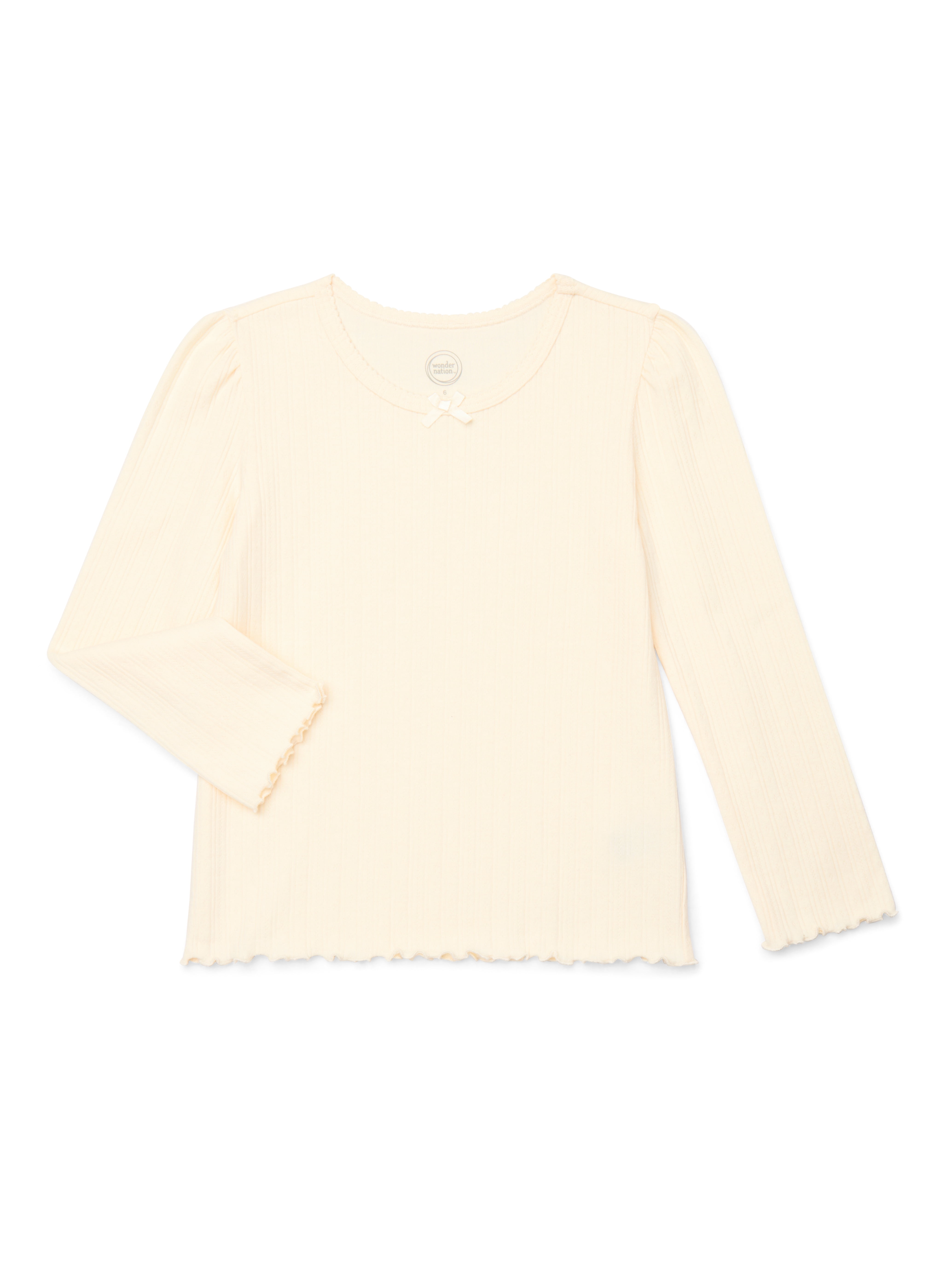 Wonder Nation Little Girls Long Sleeve Ribbed Lettuce Edge Tee, Sizes 4-10