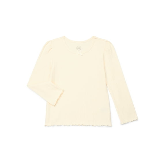 Wonder Nation Little Girls Long Sleeve Ribbed Lettuce Edge Tee, Sizes 4-10