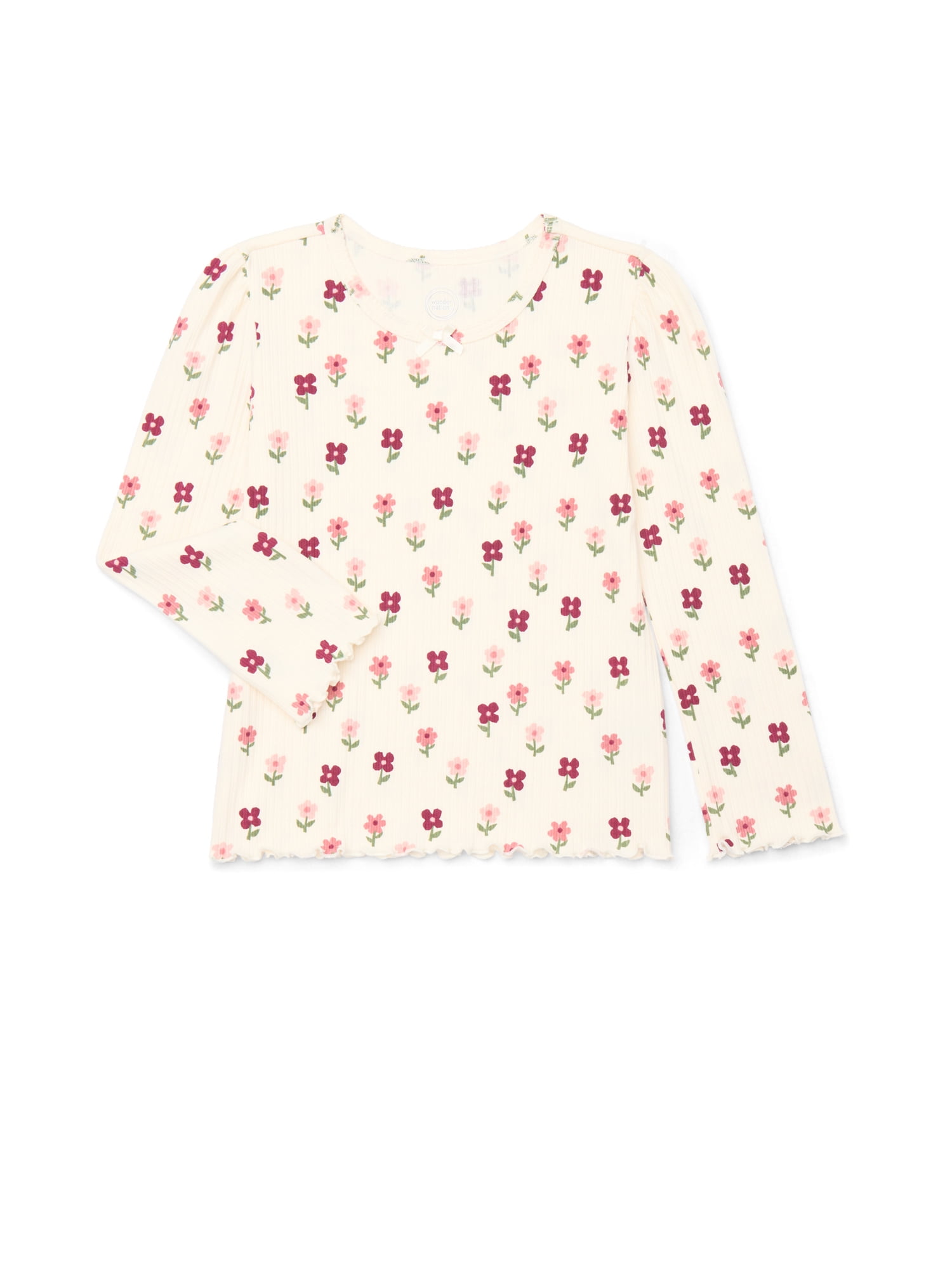 Wonder Nation Little Girls Lettuce Edge Long Sleeve Tee, Sizes 4-10