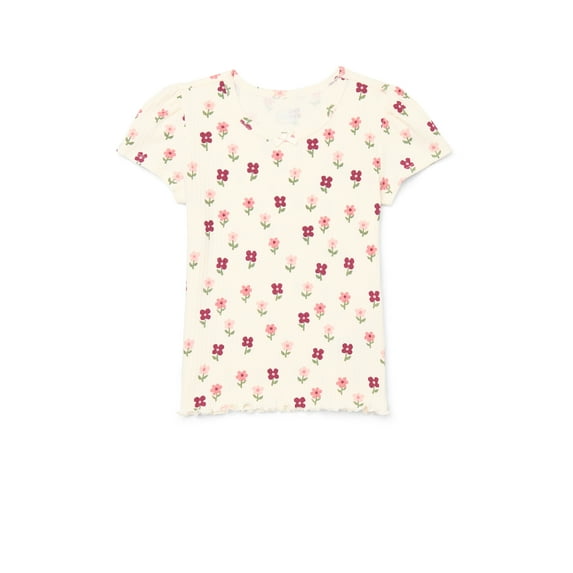 Wonder Nation Little Girls Printed Short Sleeve Lettuce Edge Tee, Sizes 4-10