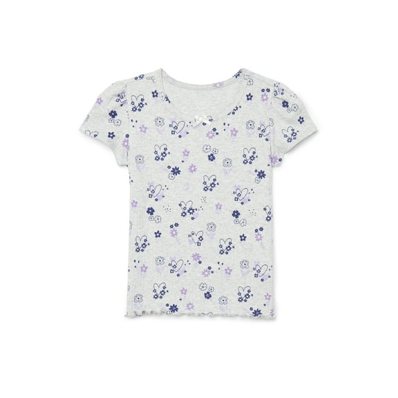 Wonder Nation Little Girls Printed Short Sleeve Lettuce Edge Tee, Sizes 4-10