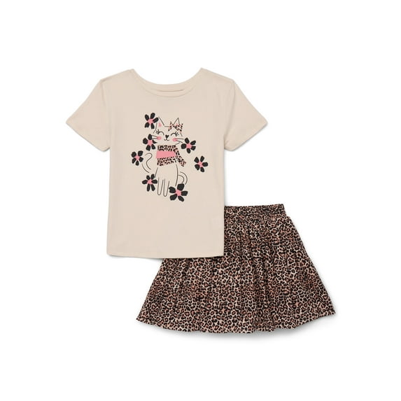 Wonder Nation Little Girls 2-Piece Short Sleeve Graphic Tee and Skirt Set, Sizes 4-10