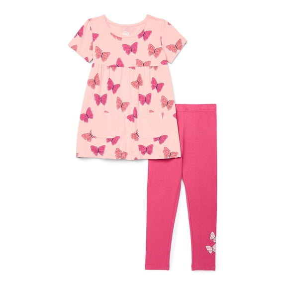 Wonder Nation Little Girls 2-Piece T-Shirt Dress and Leggings Outfit Set, Sizes 4-10